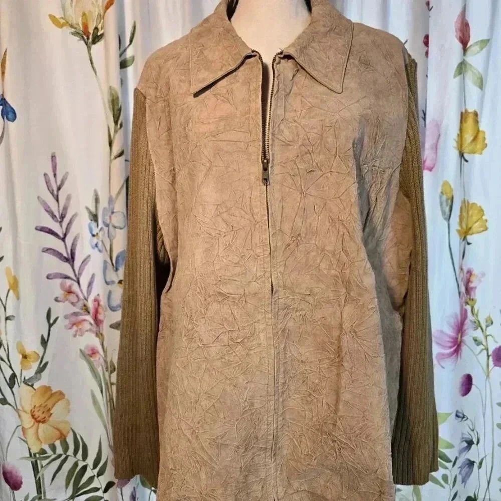 Coldwater Creek Leather Wool Jacket Full Zip Tan Knit Sweater Fall Winter 3X